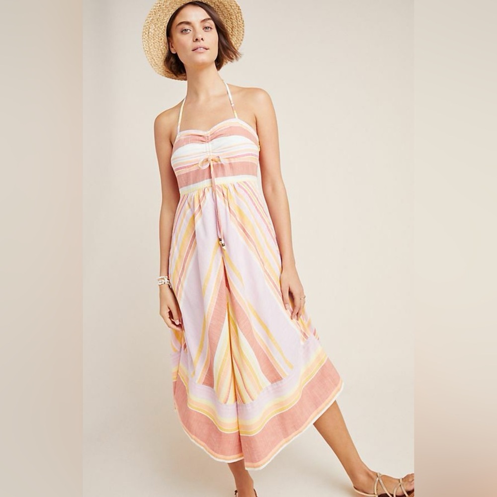 Anthropologie Pink and Yellow Striped Midi Dress